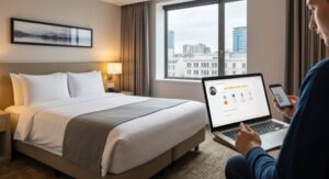Gemütliches Hotelzimmer mit Stadtblick, Reisender prüft Hotelbewertungen – entspannten Citytrip genießen dank guter Tipps