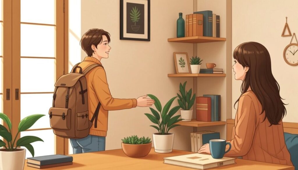 Reisender wird herzlich von einem Gastgeber empfangen – authentisches Couchsurfing-Erlebnis mit kulturellem Austausch