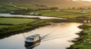 Hausboot auf einem ruhigen irischen Fluss, umgeben von grünen Hügeln und idyllischer Landschaft – Irland entspannt vom Wasser aus entdecken