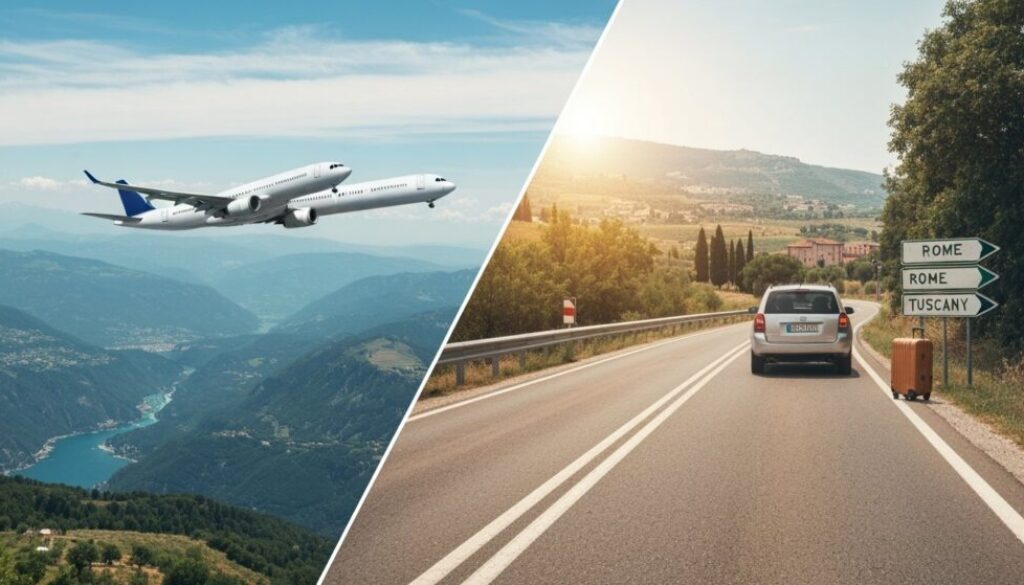 Zweiteiliges Reisemotiv mit Flugzeug über den Alpen und Auto auf italienischer Küstenstraße – Entscheidung zwischen Flugreise und Autofahrt nach Italien