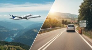 Zweiteiliges Reisemotiv mit Flugzeug über den Alpen und Auto auf italienischer Küstenstraße – Entscheidung zwischen Flugreise und Autofahrt nach Italien
