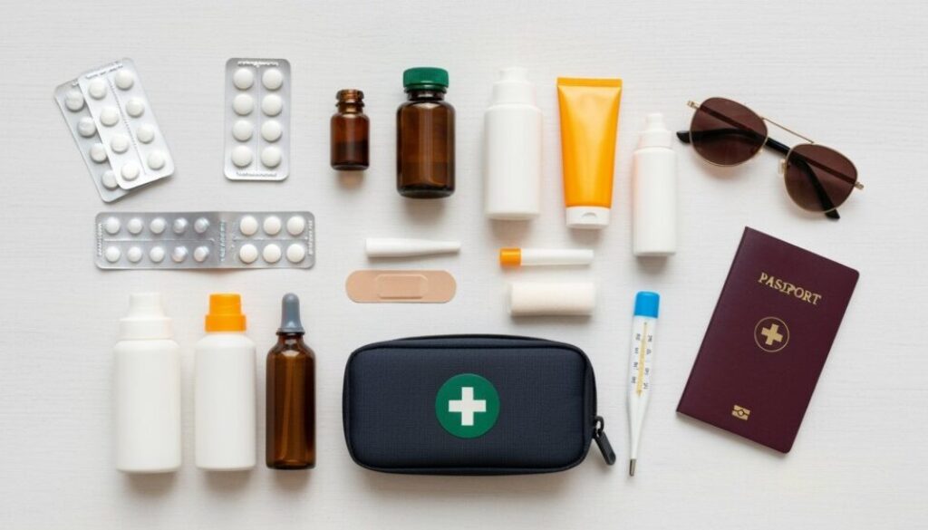 Reiseapotheke mit wichtigen Medikamenten, Pflastern und Hygieneartikeln – sorgfältig vorbereitet für den Urlaub.