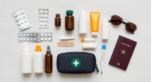 Reiseapotheke mit wichtigen Medikamenten, Pflastern und Hygieneartikeln – sorgfältig vorbereitet für den Urlaub.