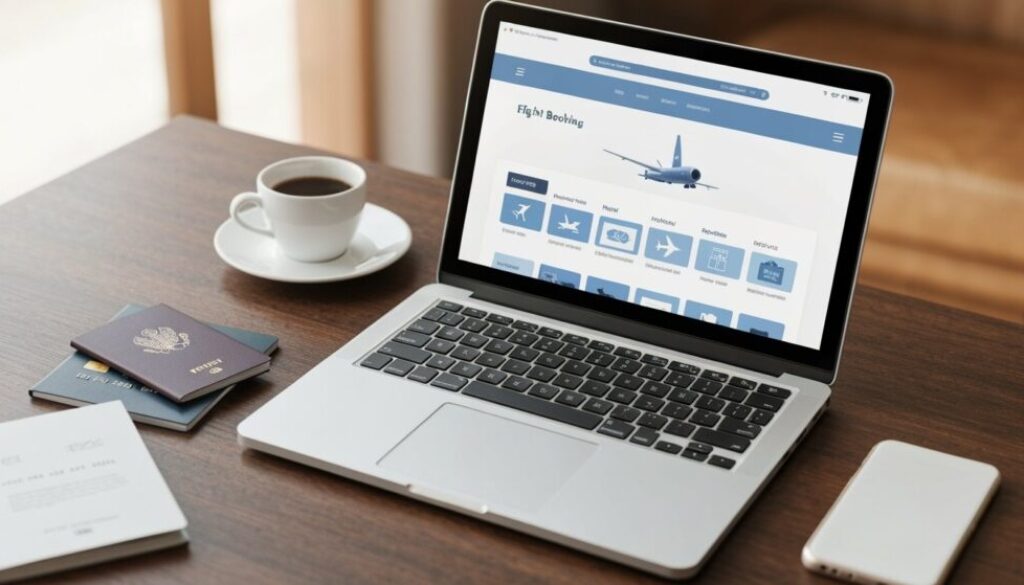 Laptop mit geöffneter Reisebuchungsseite, daneben Reisepass und Kreditkarte – Symbol für sicheres und überlegtes Onlinebuchen von Reisen.