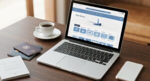 Laptop mit geöffneter Reisebuchungsseite, daneben Reisepass und Kreditkarte – Symbol für sicheres und überlegtes Onlinebuchen von Reisen.
