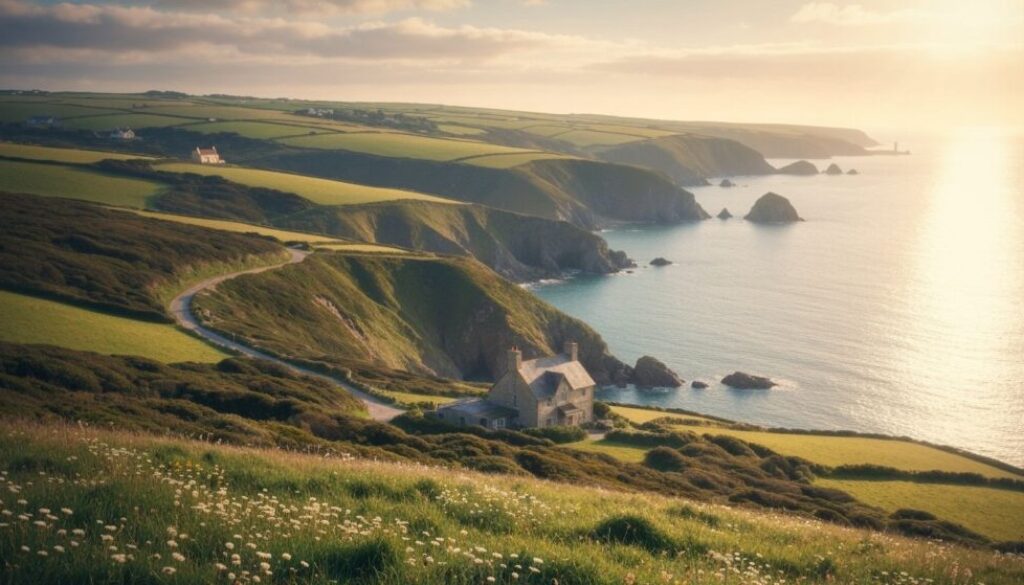 Romantische Küstenlandschaft in Cornwall mit sanften Hügeln, Meerblick und typischem Landhaus – auf den Spuren von Rosamunde Pilcher.
