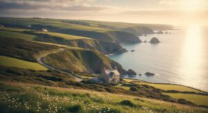 Romantische Küstenlandschaft in Cornwall mit sanften Hügeln, Meerblick und typischem Landhaus – auf den Spuren von Rosamunde Pilcher.